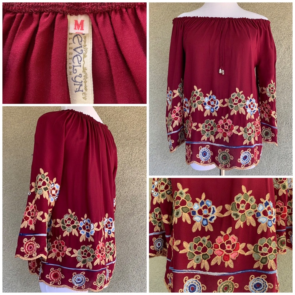 🔥5/$20🔥 “D’Evelyn” Burgundy Embroidered Blouse NWT S/M